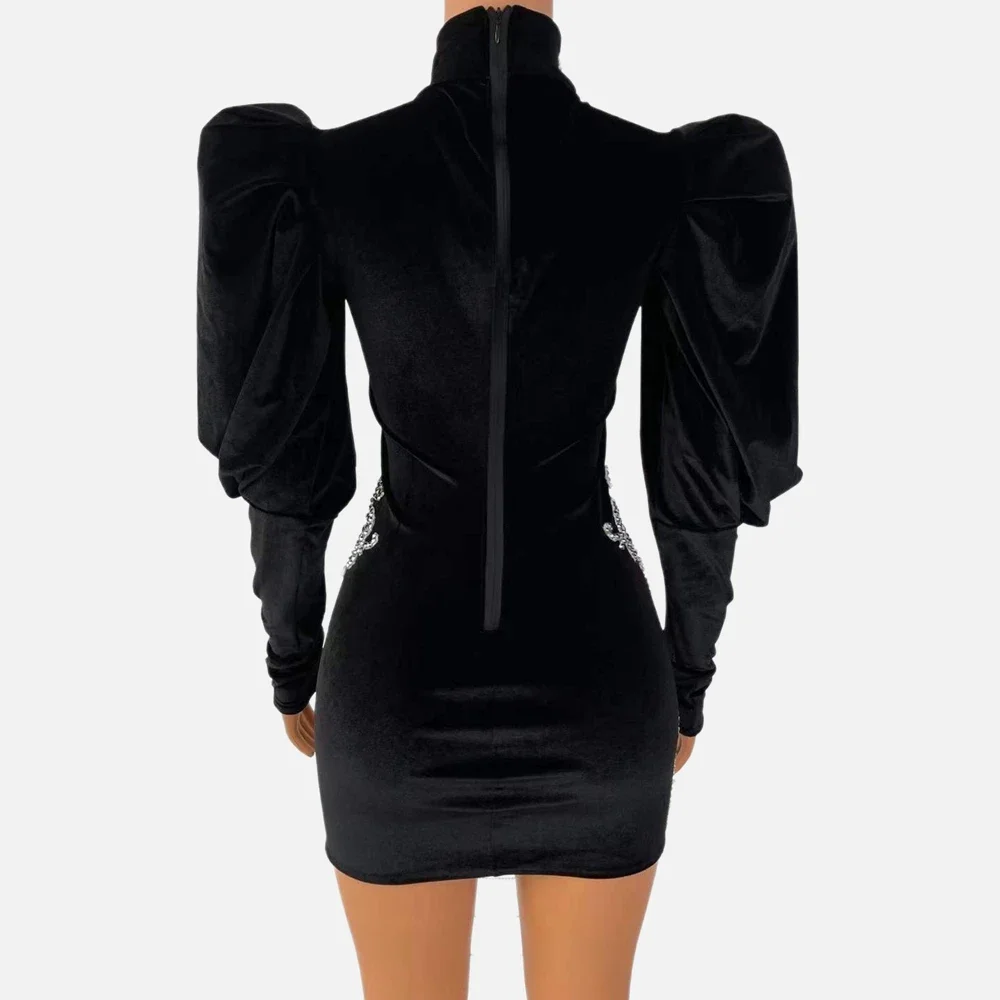 Schwarze Puff ärmel glänzende Strass steine Kette Schwan Samt High Neck sexy Frauen Kleid Modenschau Bühnen kleidung Abend kostüm