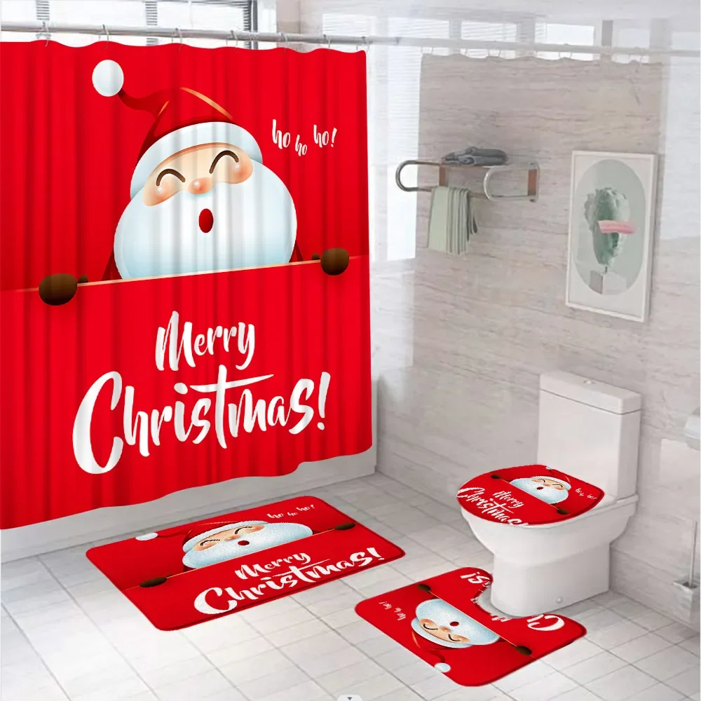 クリスマスバスルームセット,シャワーカーテンラグ,トイレカバー,バスマット,楽しいサンタクロースノーム,ファブリックスクリーン,4個