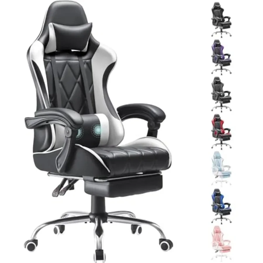 Gaming Chair for Home Office Use, PU Leather in Black with Ergonomic Lumbar Massage, Adjustable Footrest and High Back Support