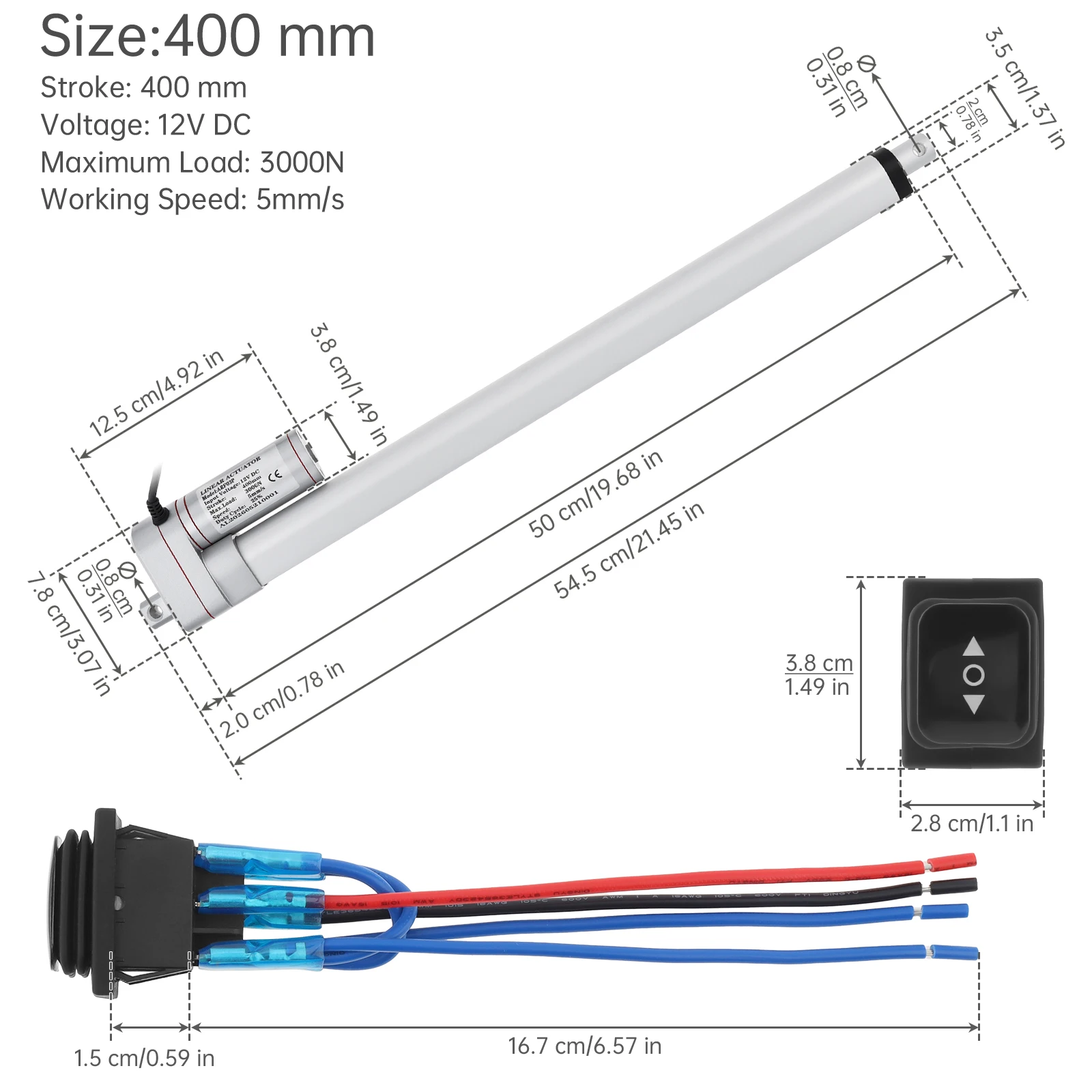 12V Linear ActuatorWithWaterproof Rocker Switch 3000N/660lbs 50-400mm Stroke Heavy Duty Electric Actuator for RV Adjustments