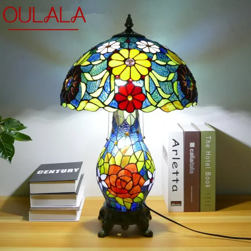 

OULALA Tiffany Table Lamp American Retro Living Room Bedroom Lamp Luxurious Villa Hotel Stained Glass Desk Lamp