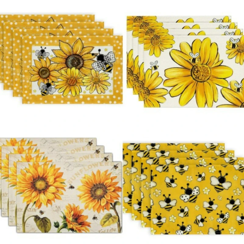 1/4/6/8pcs Sunflower Placemat Bee Printed Table Mat for Pinic Kitchen Restaurant Dining Party Decor Home Insulation Placemats