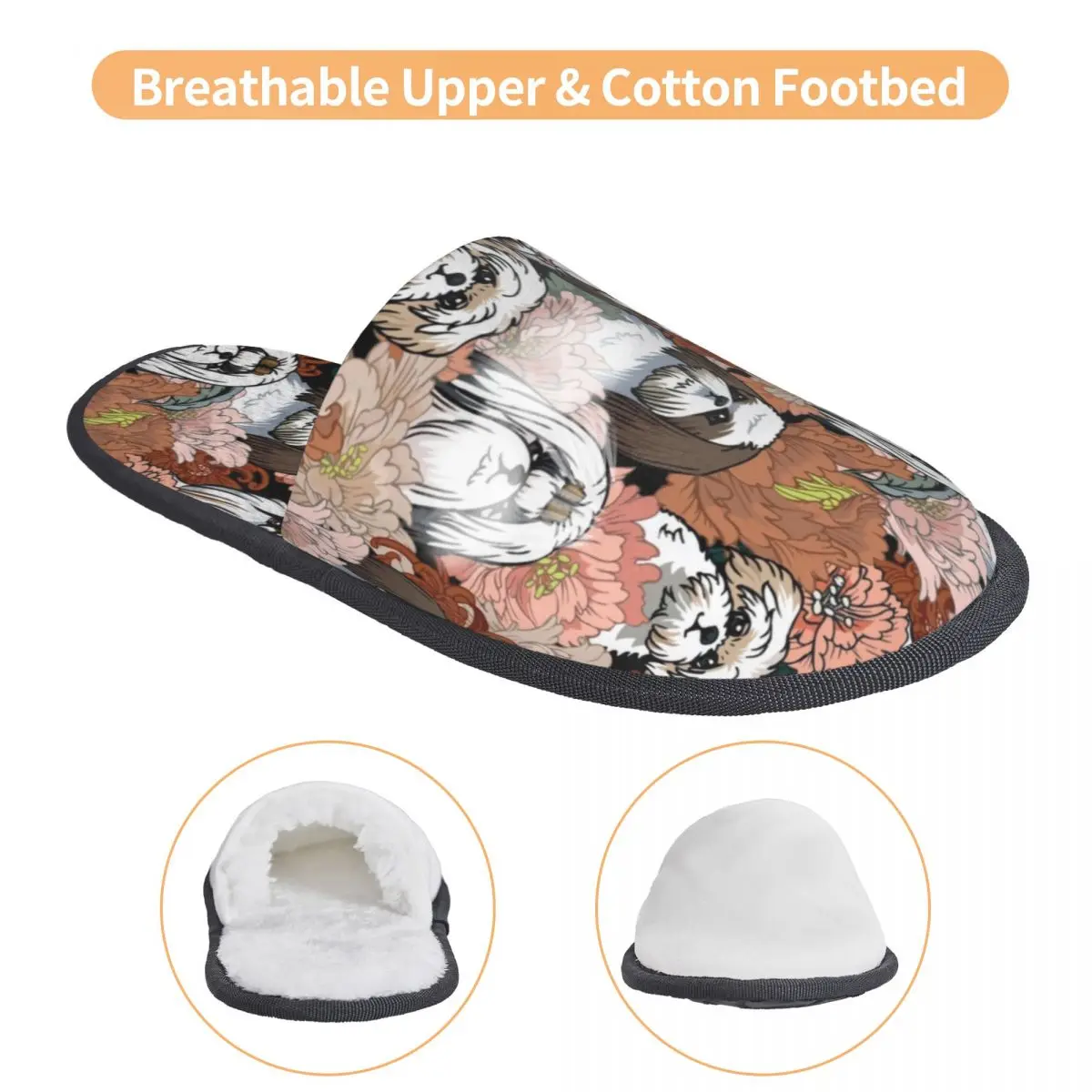 Shih Tzu Hond Bloemen Patroon Gezellig Scuff Traagschuim Slippers Vrouwen Huisdier Dier Hotel Huis Schoenen