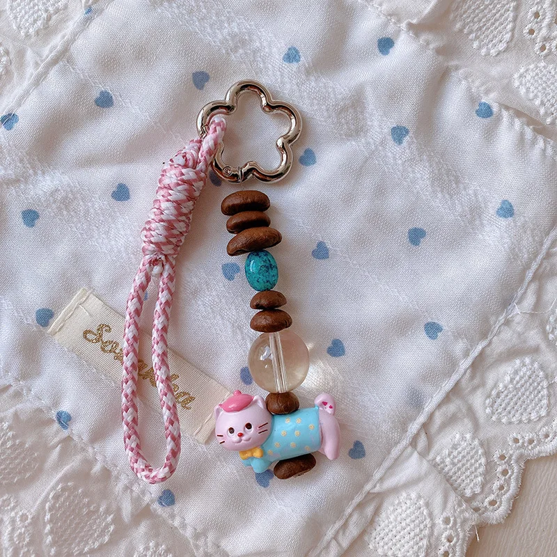 Coffee Bean Cat Lanyard Keychain for Car Bag Phone Cute Resin Mini Pendant Soft Lightweight Portable Daily Charm