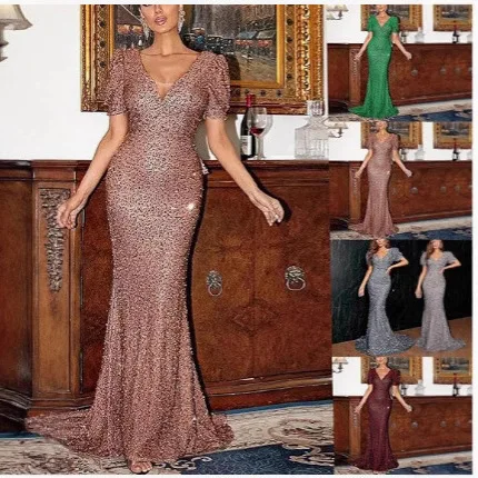 

Новая коллекция 2025: модное облегающее платье с v-образным вырезом и пайетками, рукавами-фонариками со средней талией и длинным вечерним платьем.