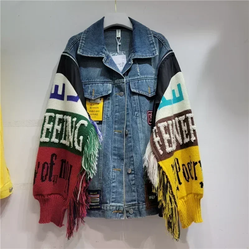 Alphabet Badge Denim Coat Knitted Spliced Sleeves Sweater Fringed Jeans Jacket Street Wear Wool Sweater