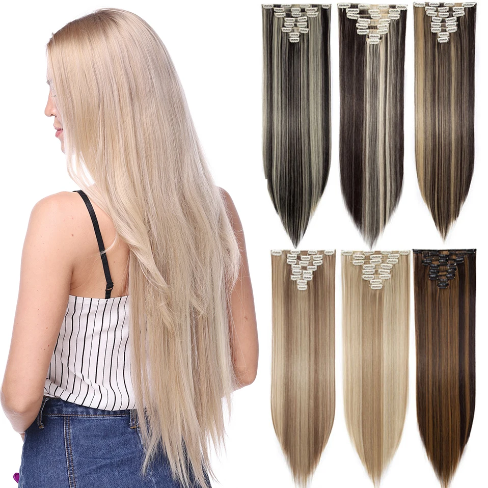 S-noilite Synthetische stks/set Lange Rechte Clip In Op Hair Extensions Zwart Bruin Rood Roze Paars Nep Haarstukjes voor Vrouwen