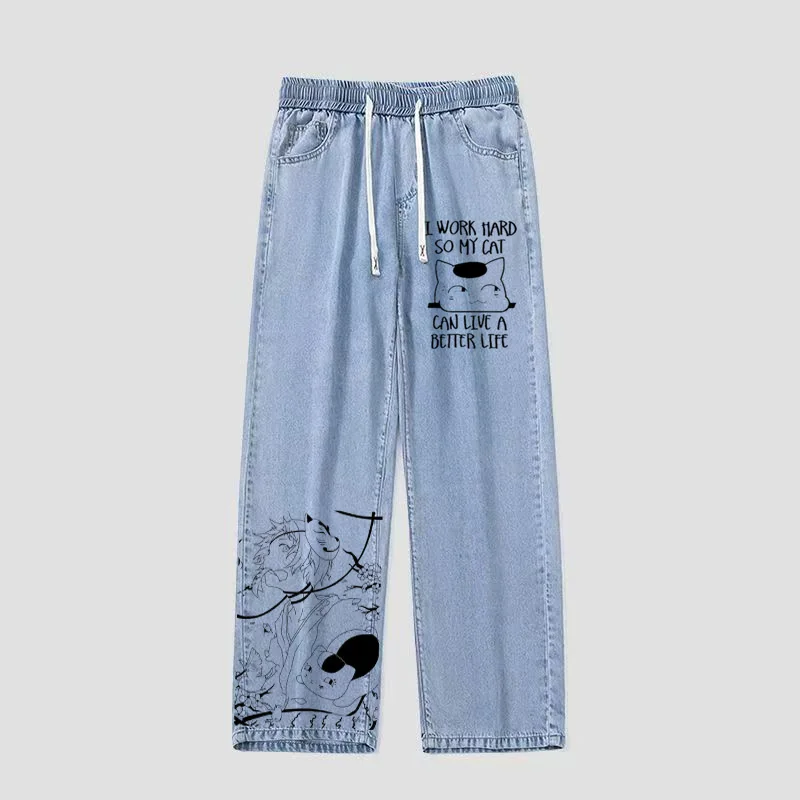 

Anime Hand-Painted Loose Men's Jeans Summer Friends Account Cartoon Style Mid-Waist Denim Fabric Student And Youth Suitable