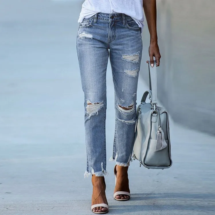 

Spring Women's Clothing Slim Fit Distressed Ripped Jeans For Woman Straight Leg Crop Denim Pants Mid Waist Streetwear Style