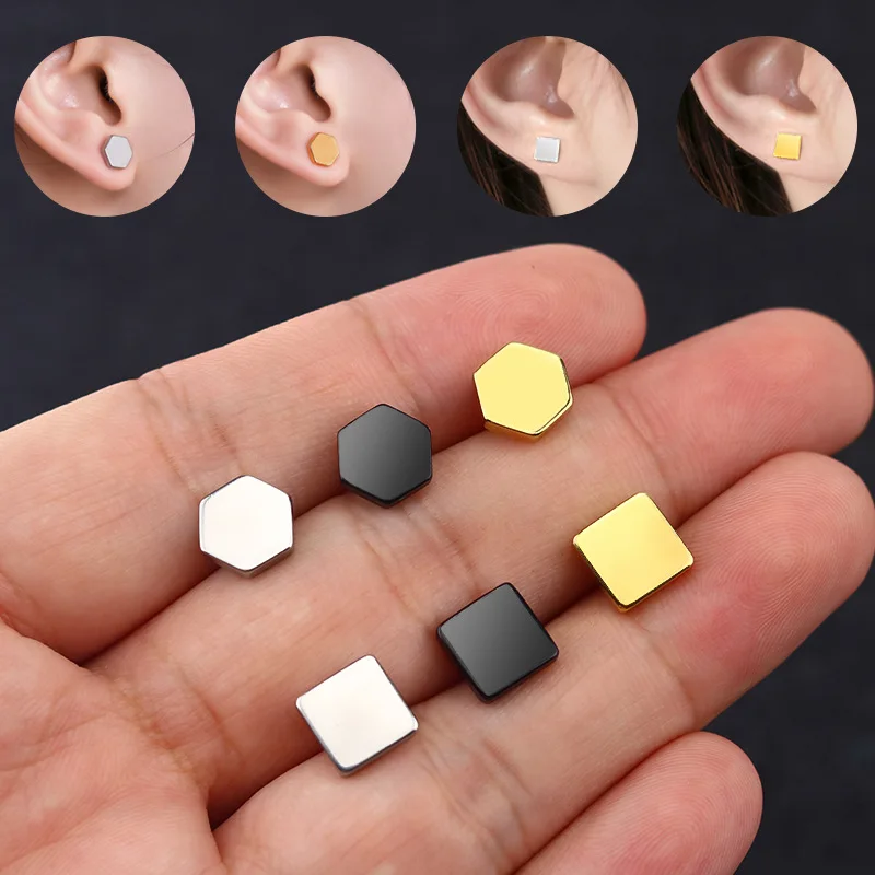 1Pair Creative Geometric Round Triangle Square Dumbbell Screw Stud Earrings For Men/Women Stainless Steel Punk Jewelry