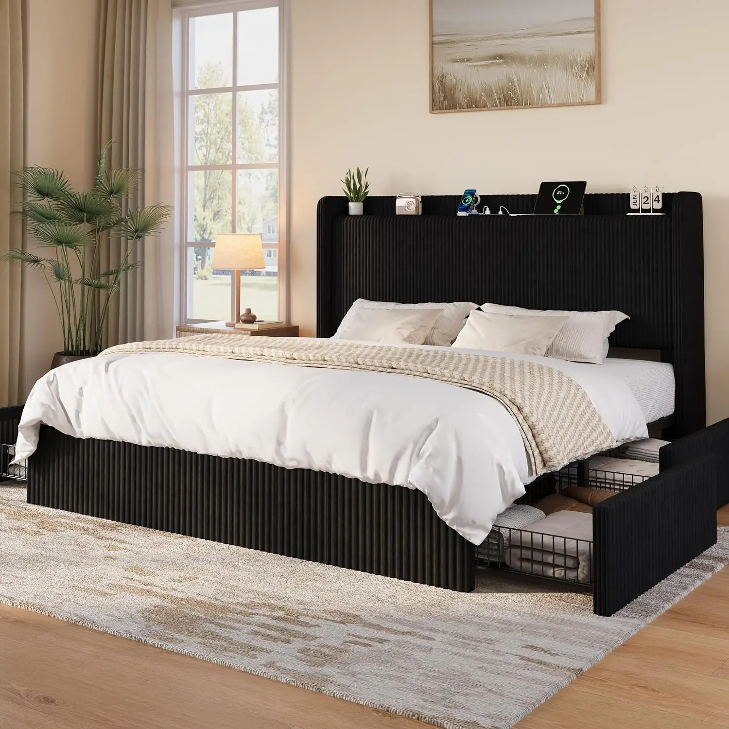 King King Size Bed Frame with 4 Oversized Storage Drawers, Black, Customized - Aliexpress Deal