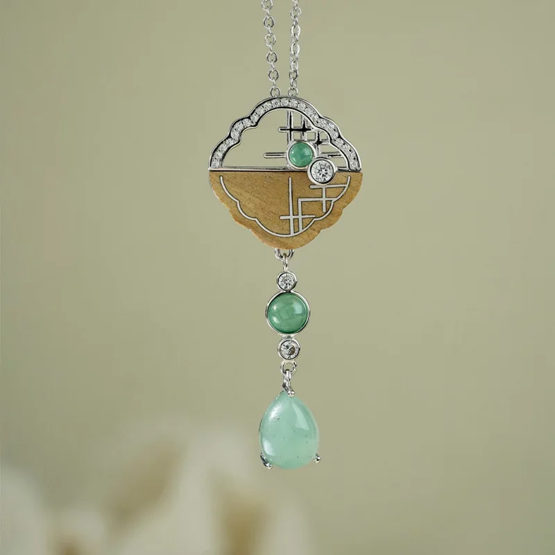 Chinese Style Auspicious Ruyi Pendant 925 Sterling Silver Inlaid Sandalwood Window Lattice Zircon Green Jade Drop Necklace For