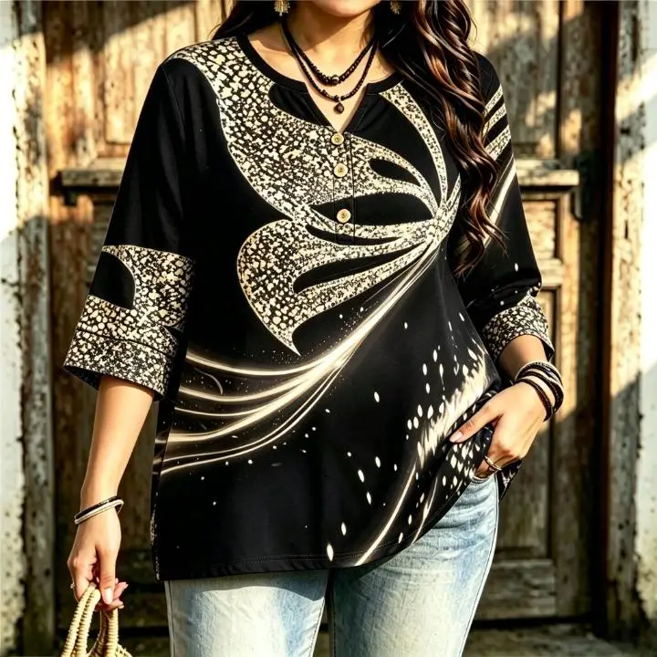 Women Abstract Butterfly Print Blouse Notched Neck 3/4 Sleeve Loose Curvy Fit Casual Daily Ladies Pullover Tops