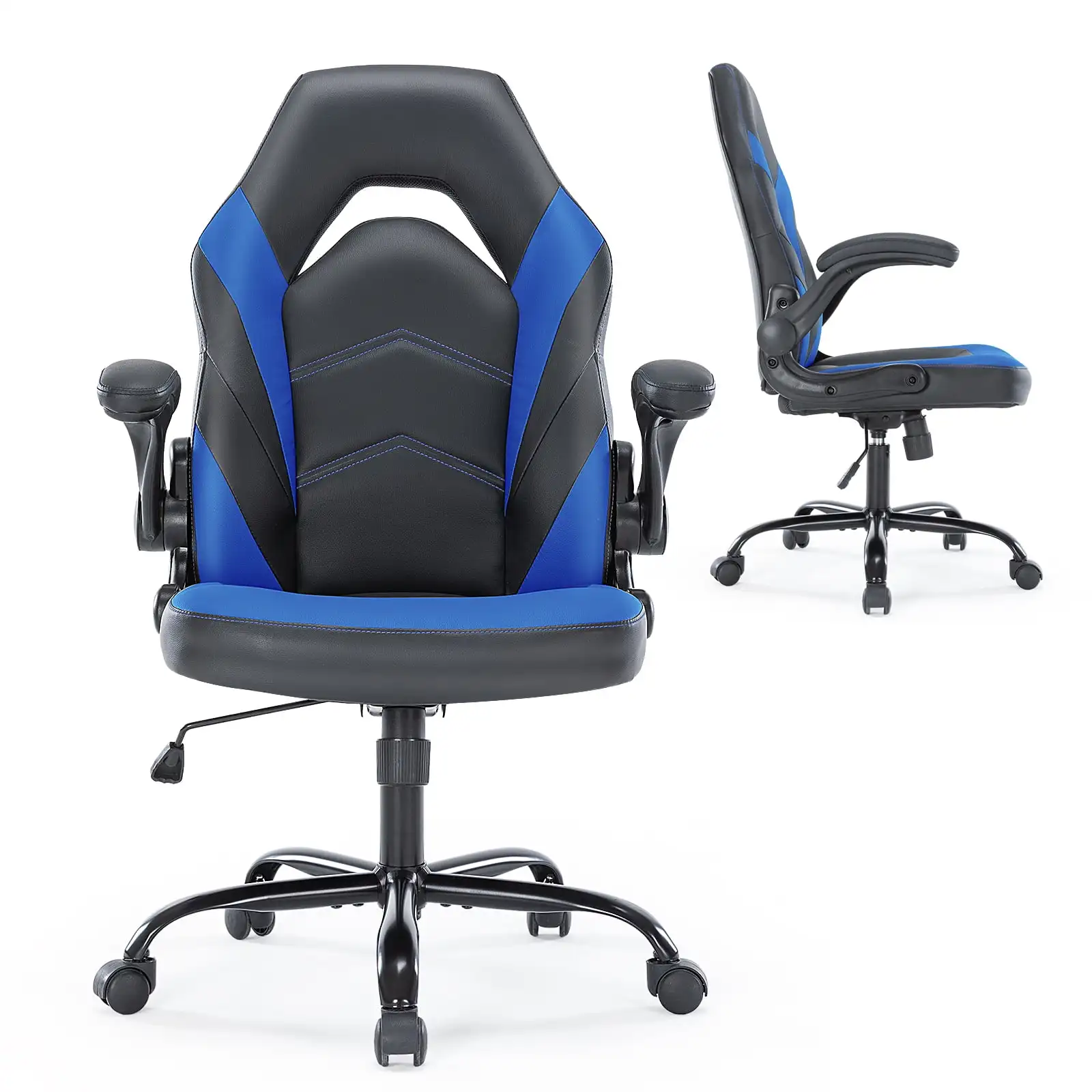 

PU Leather Computer Gaming Desk Chair, Ergonomic Adjustable Swivel Racing Chair with Flip-up Armrest, Black Blue