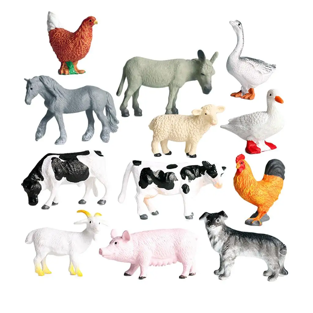 12 stuks hoge simulatie plastic dierenbeeldje voor collectie decoratie thuis (varken, hond, koe, schaap, paard, eend, kip)