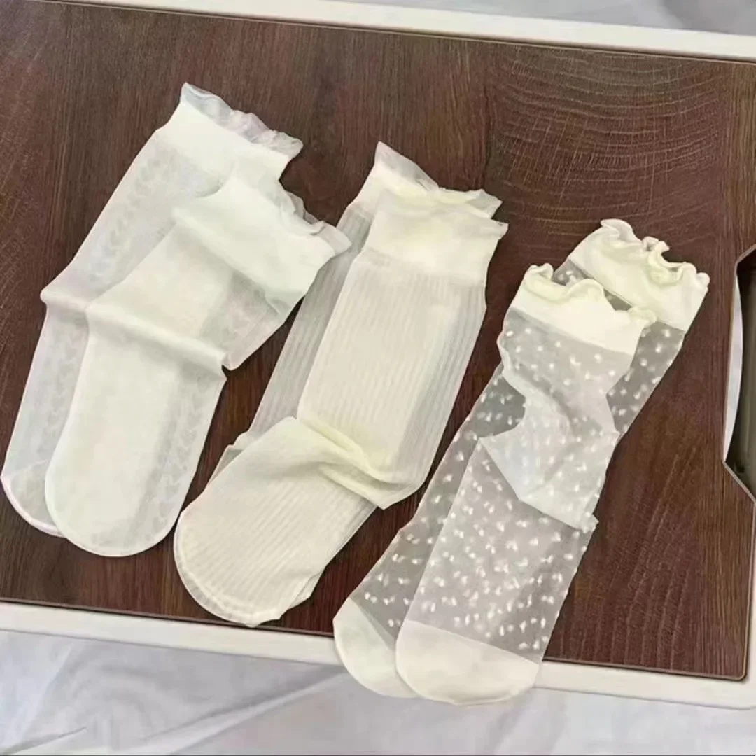 3 Pairs Summer Lace Bow Mesh Thin Low Tube Socks for Women Lolita Cute Aesthetic Black White JK Stockings New Fashion Socks