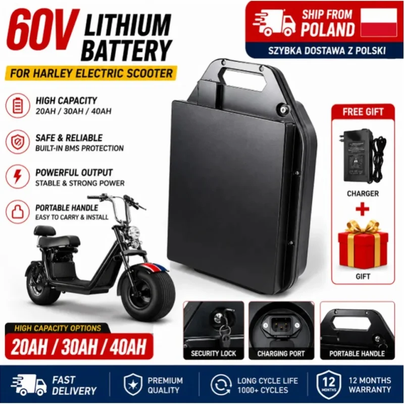 Eingebautes Multifunktionales BMS Wasserdichter Lithium-Ionen-Akku EU-Lokalversand 60V 20AH 30AH 40AH Ersatzakku für Citycoco Harley E-Motorrad Lufttransport Verfügbar