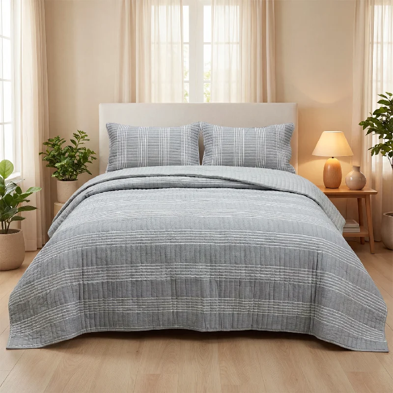 100% Cotton Yarn-Dyed Quilt 3-Piece Set, Simple Gray Stripe Bedspread Coverlet, Soft & Breathable All-Season Use