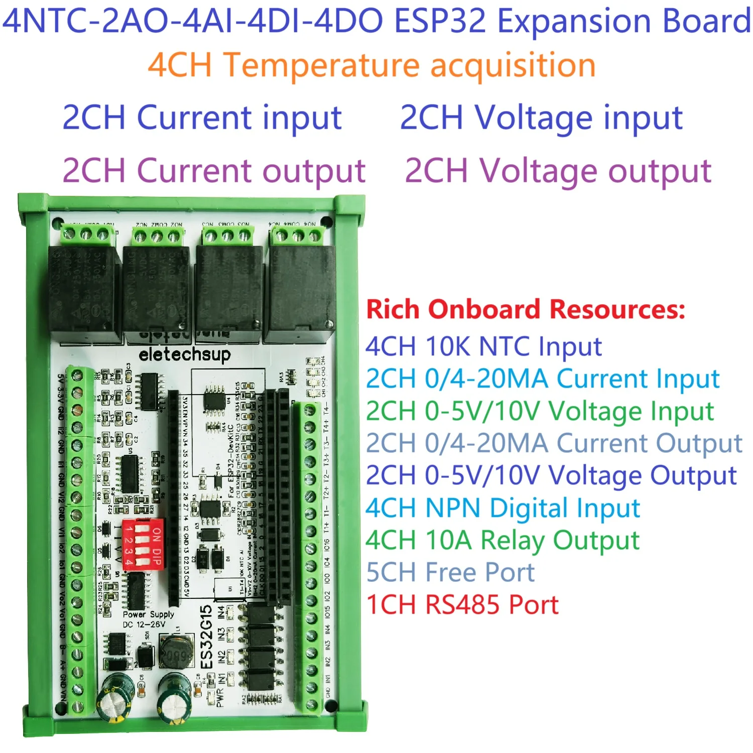 

NTC-2AO-4AI-4DI-4DO 38PIN ESP32 Multi-Function Expansion Board Temperature RS485 4-20MA 0-10V Input & Output Module
