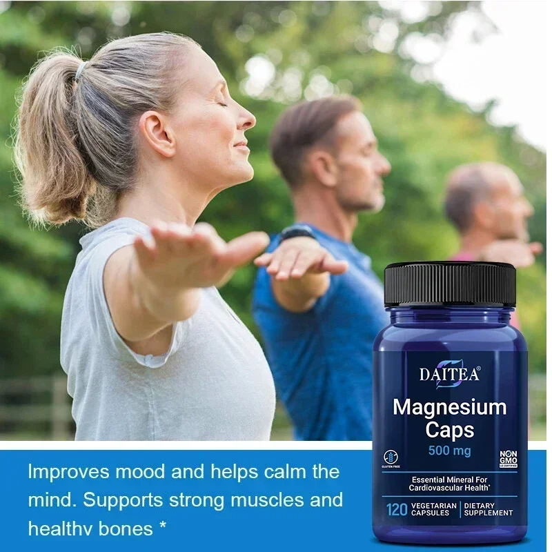 Daitea Magnesium 500 Mg, Magnesium Supplement for Muscle, Heart, Bone and Nerve Support, Non-GMO, 120 Capsules