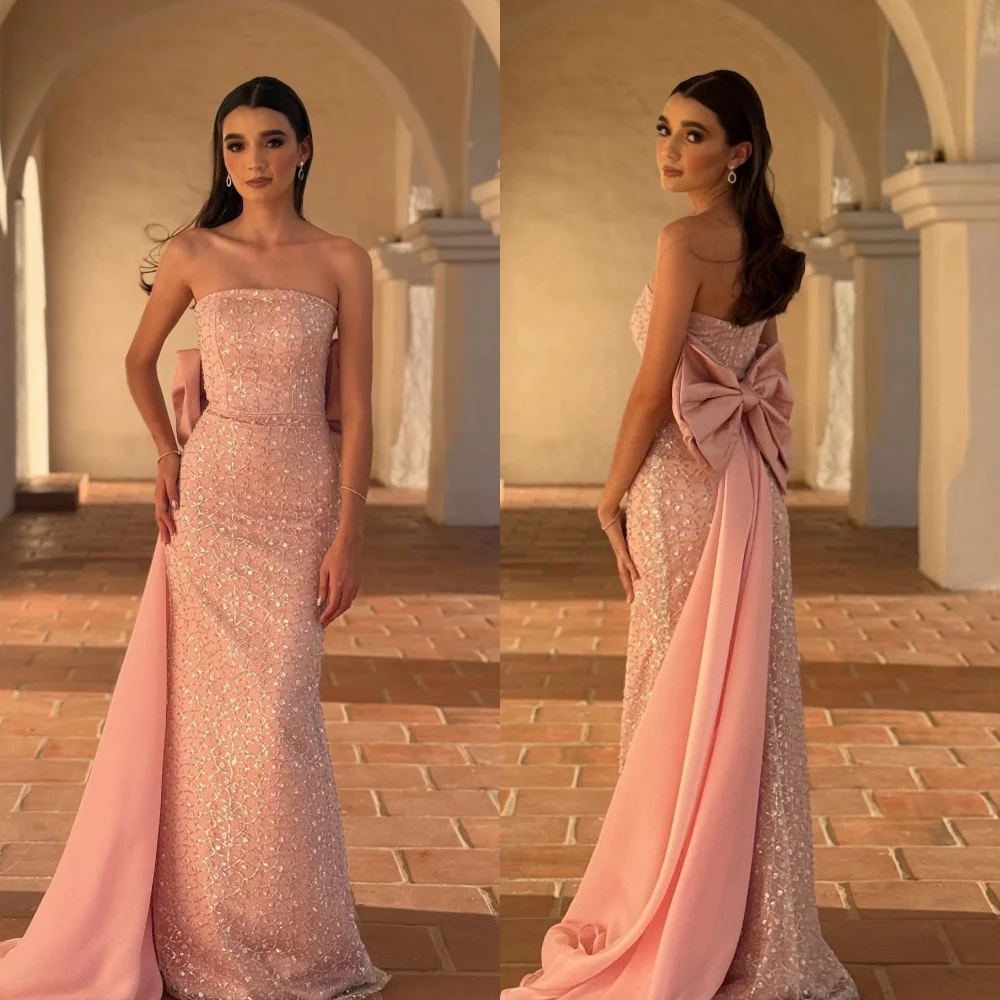 

Customized Sequined Bow Strapless Trumpet Long Dresses Bespoke Occasion Luxury Evening Gown Gorgeous Glitter High Quality