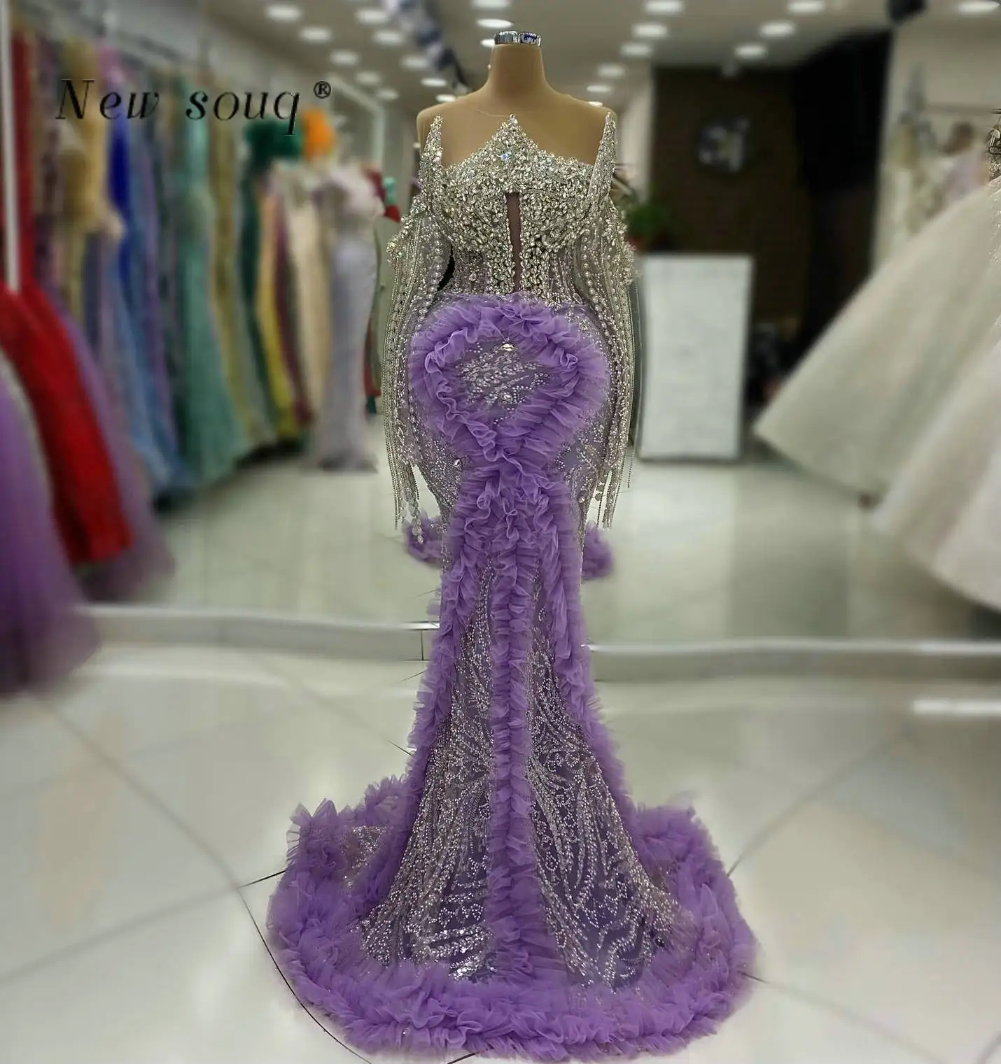 Lilac Purple Off the Shoulder Long Sleeves Evening Dresses with Crystals Ruffles Arabic Sequins Wedding Dinner Party Gowns