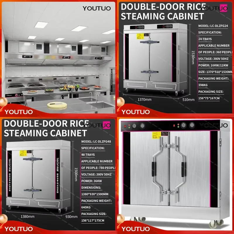 Double Door Rice Steaming Cabinet 24/48 Trays Fully Automatic Steamer Cart Large Capacity for School Canteen Commercial