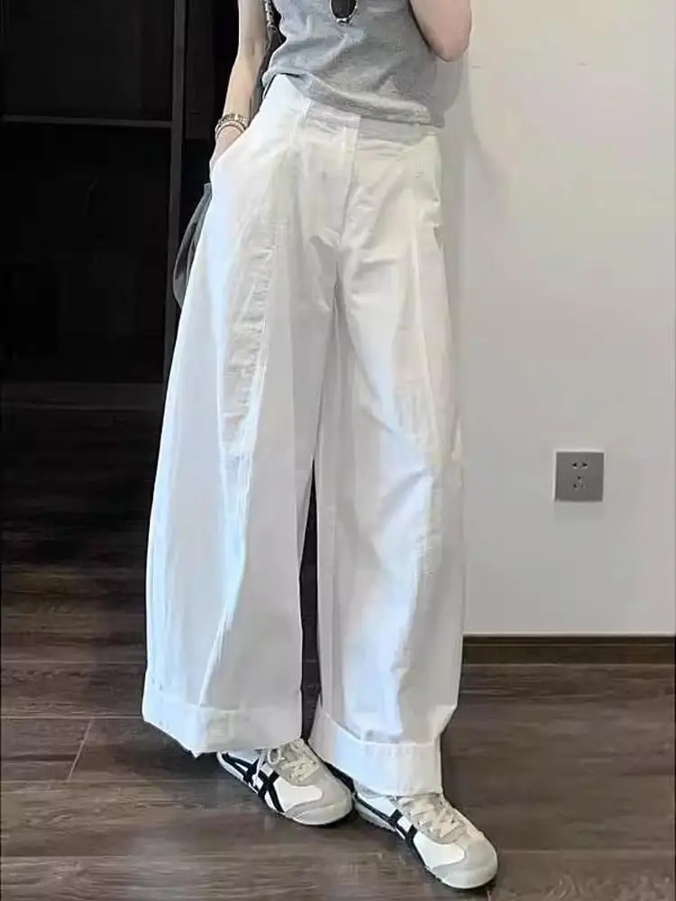 ルーズストレートレッグホワイトワイドレッグパンツ レディースカジュアルパンツ 韓国スタイル ルーズで涼しいワークウェア ハイウエスト