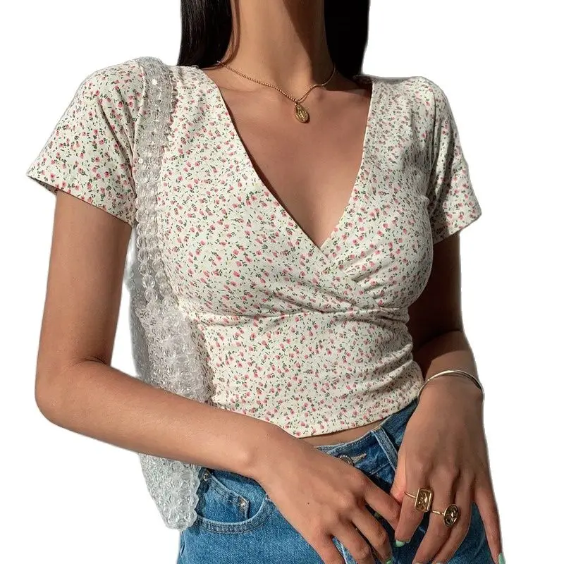 11Colors Y2K Vintage Floral Crop Top T-shirt Women Cropped Short Sleeve V-neck Sexy Summer Cross Clothes Tee Shirt Femme Woman