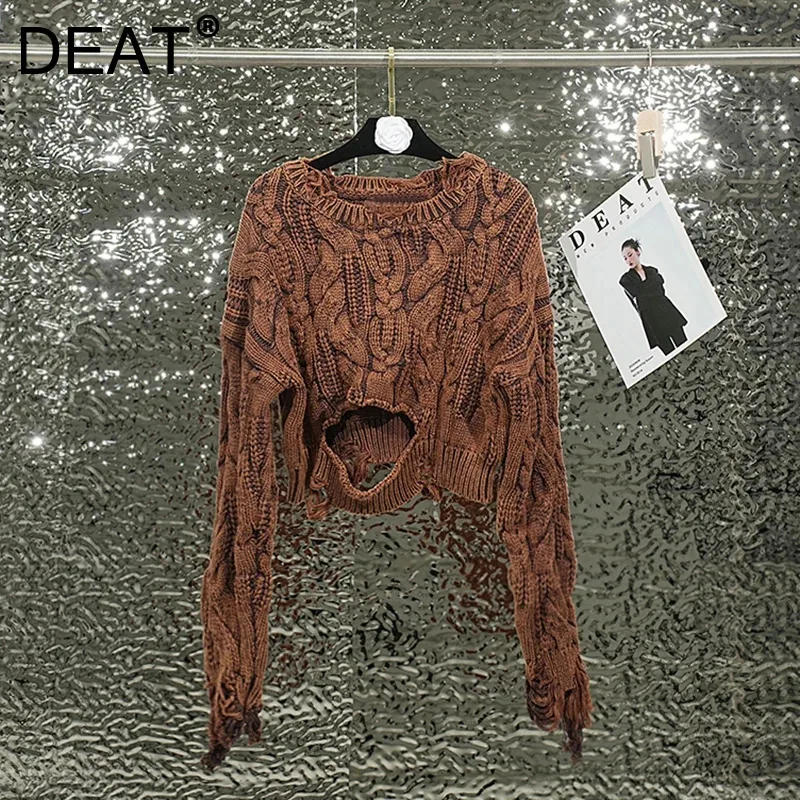 DEAT 2024 autunno maglione lavorato a maglia da donna scava fuori il foro di lavaggio allentato High Street girocollo manica lunga Pullover femminile 11 xx6062