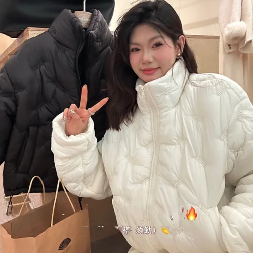 슬림핏 자켓 여성용 겨울 자켓 통근 한국 스타일 긴 소매 슬림핏 라운드넥 카라 지퍼 릴랙스핏 리본 프린트 코튼 자켓 겨울 자켓 