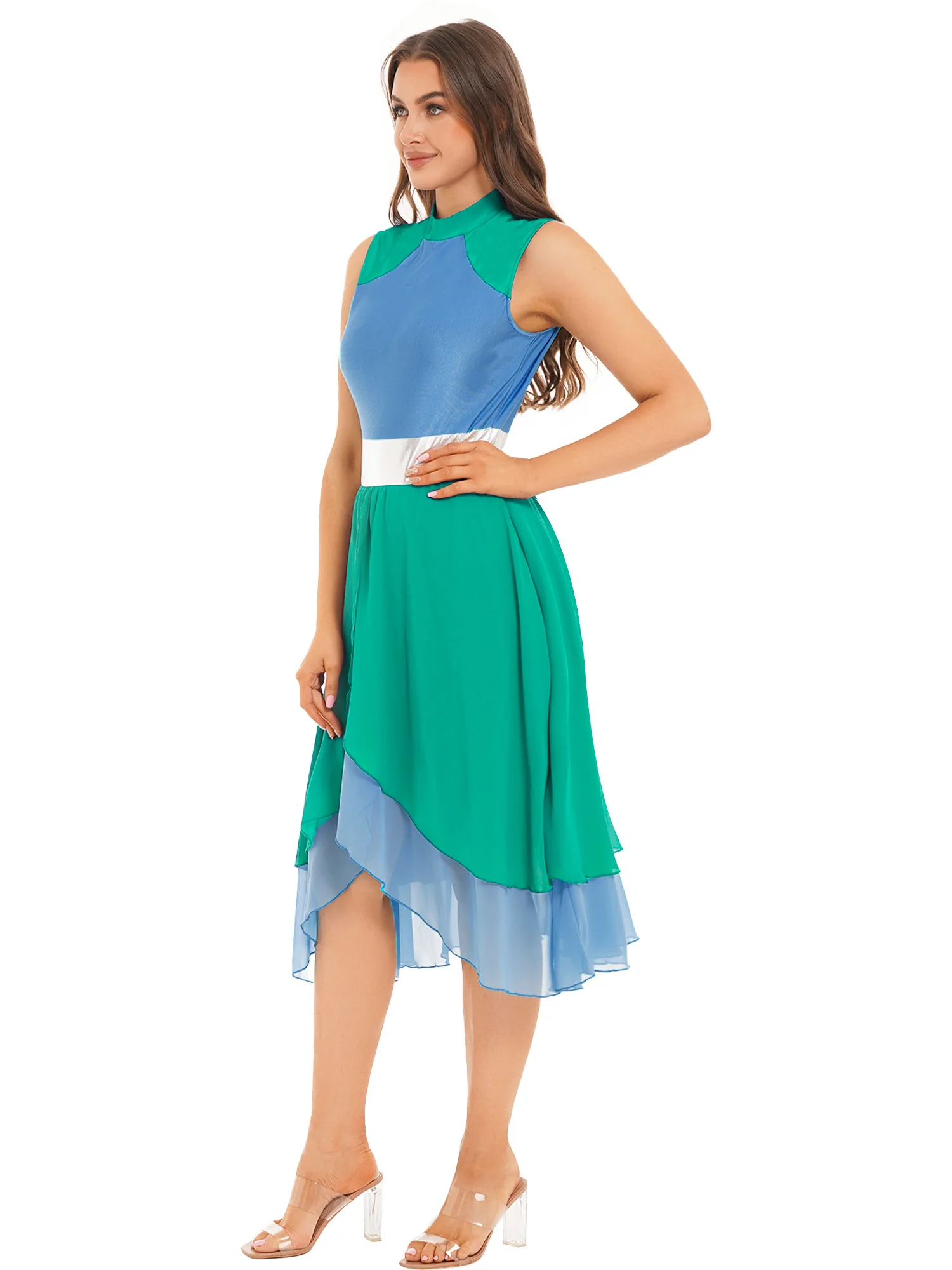 Women Celebration of Spirit Praise Lyrical Dance Dress Color Block Sleeveless Stage Dancewear Split Asymmetrical Hem Dress