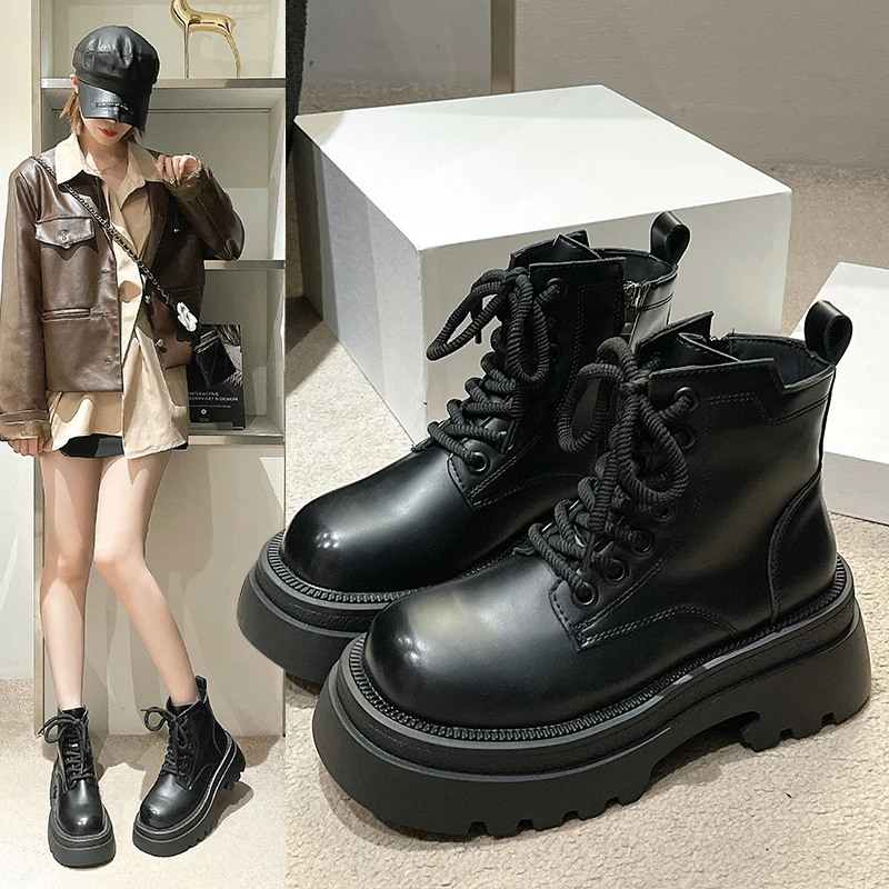 Boots High Quality PlatformBoots Women Shoes Black Zipper Leather Ankle Boots Punk Shoes Thick Bottom Motorcycle Boots