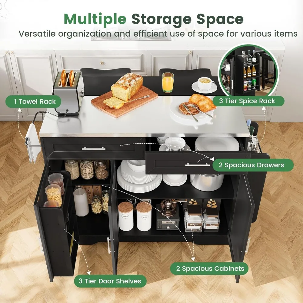 جزيرة مطبخ Concho مقاس 56 بوصة مع جلوس وسطح من الفولاذ المقاوم للصدأ، جزيرة مطبخ متنقلة مع أوراق قطرة قابلة للطي