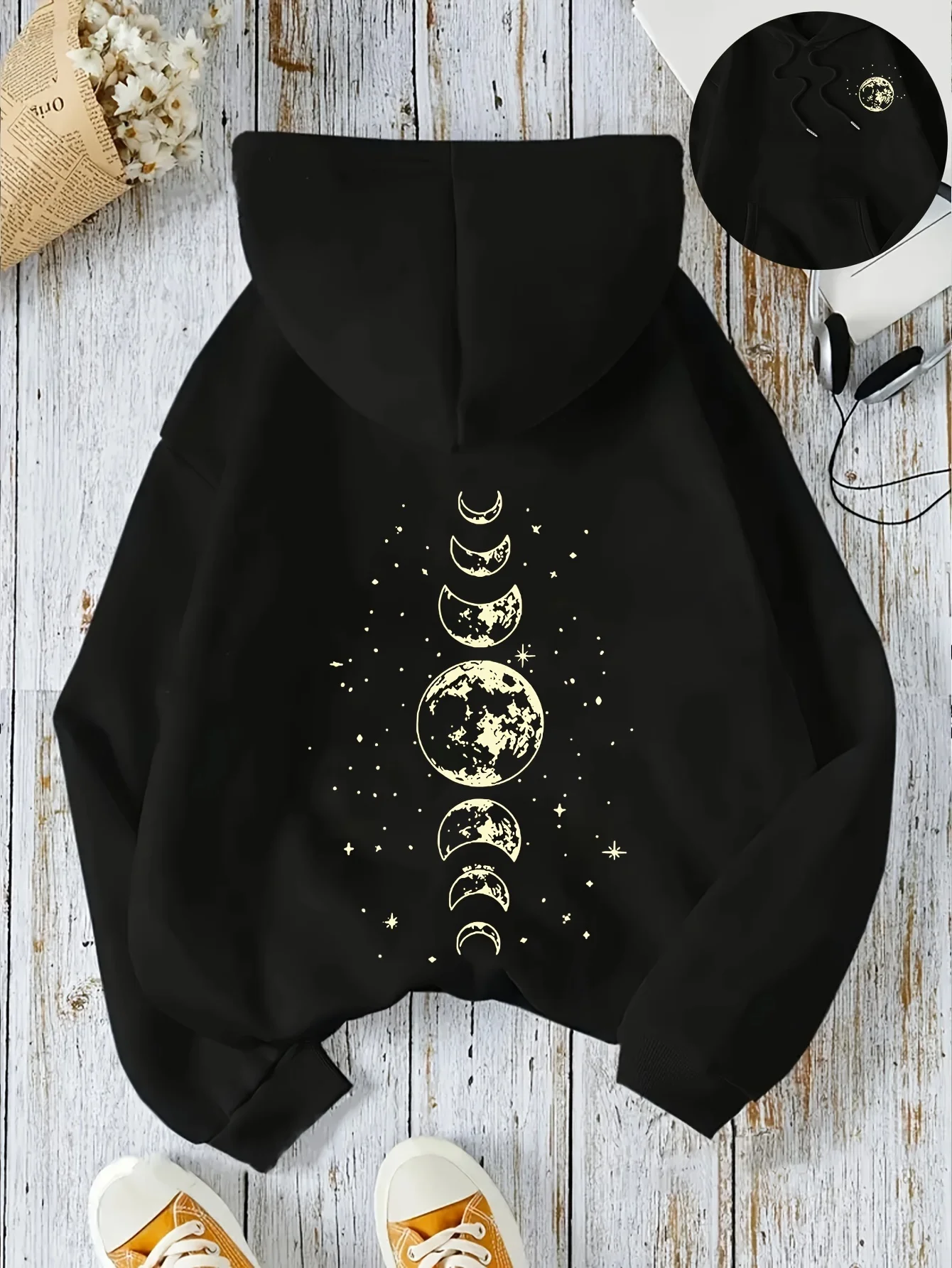

Moon Print Kangaroo Pocket Hoodie, Casual Long-sleeved Drawstring Hooded Sweatshirt for Autumn and Winter