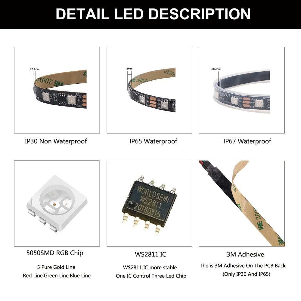 Tira de luces LED flexibles y regulables para decoración del hogar, 30/60/144/Leds/m, RGBIC, a todo color, WS2812B, WS2811, WS2813, WS2815