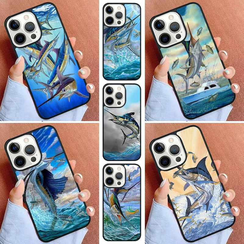 Blue Marlin Painting Phone Case For iPhone 11 12 13 14 15 16 Pro Max Mini Cover For iPhone Max 5 6 7 8 Plus Coque Shell