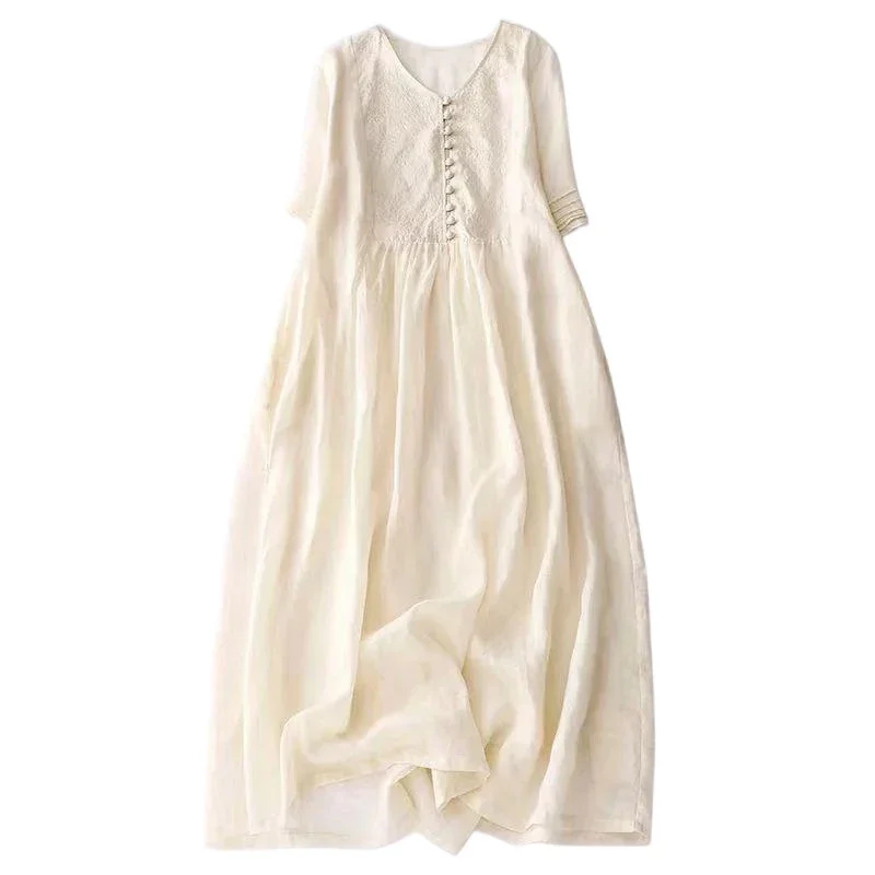

Pop Elegant Embroidered Women Dresses New Summer V-Neck Short Sleeve Casual Loose Women Party Dress Literary Fairy A-Line Dress