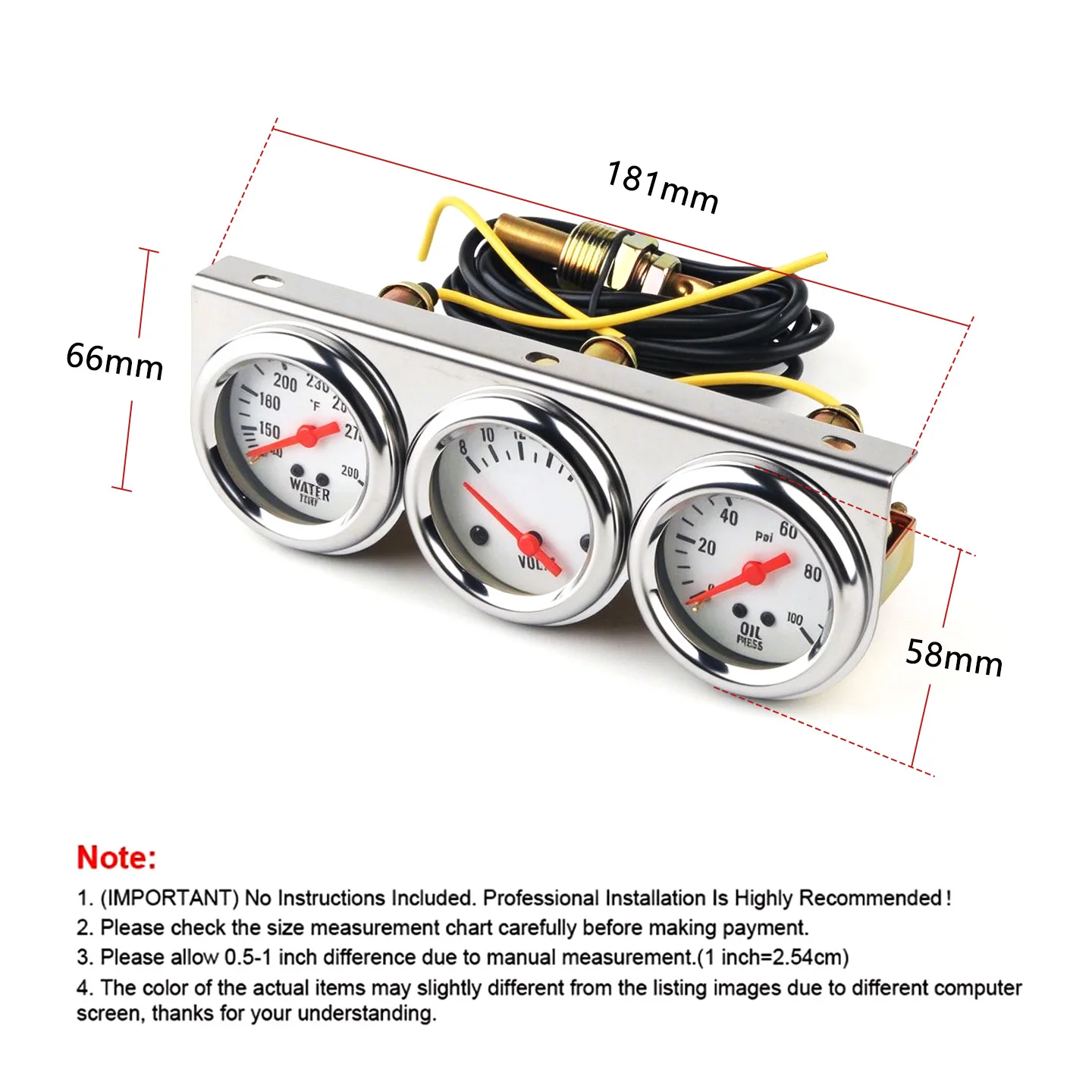 52mm Chrome 3-in-1 Car Triple Gauge Kit, Universal Water Temp Oil Pressure Voltmeter for Auto Engine Monitoring