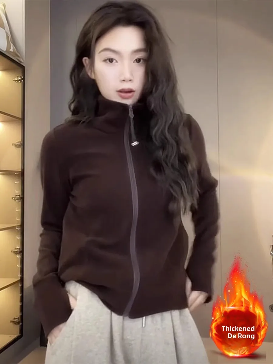 Korean Style Zipper Sweatshirt Women's Stand Collar Versatile Casual Design Unique Open Cardigan Jacket Long Sleeve Retro