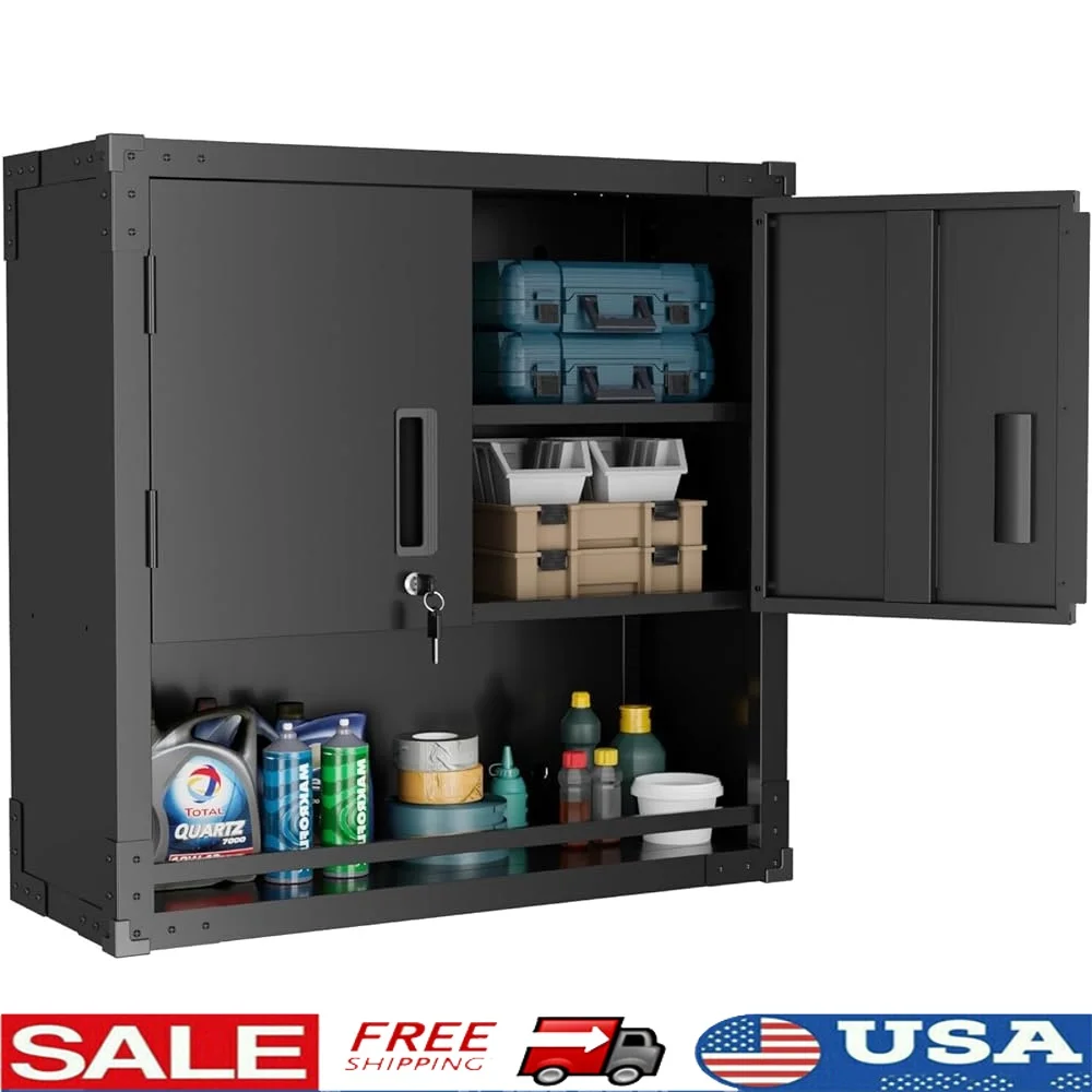 

Metal Garage Wall Cabinet Lockable Doors Adjustable Shelf Storage Black Floating Cabinet Durable Tool Organizer Utility Room