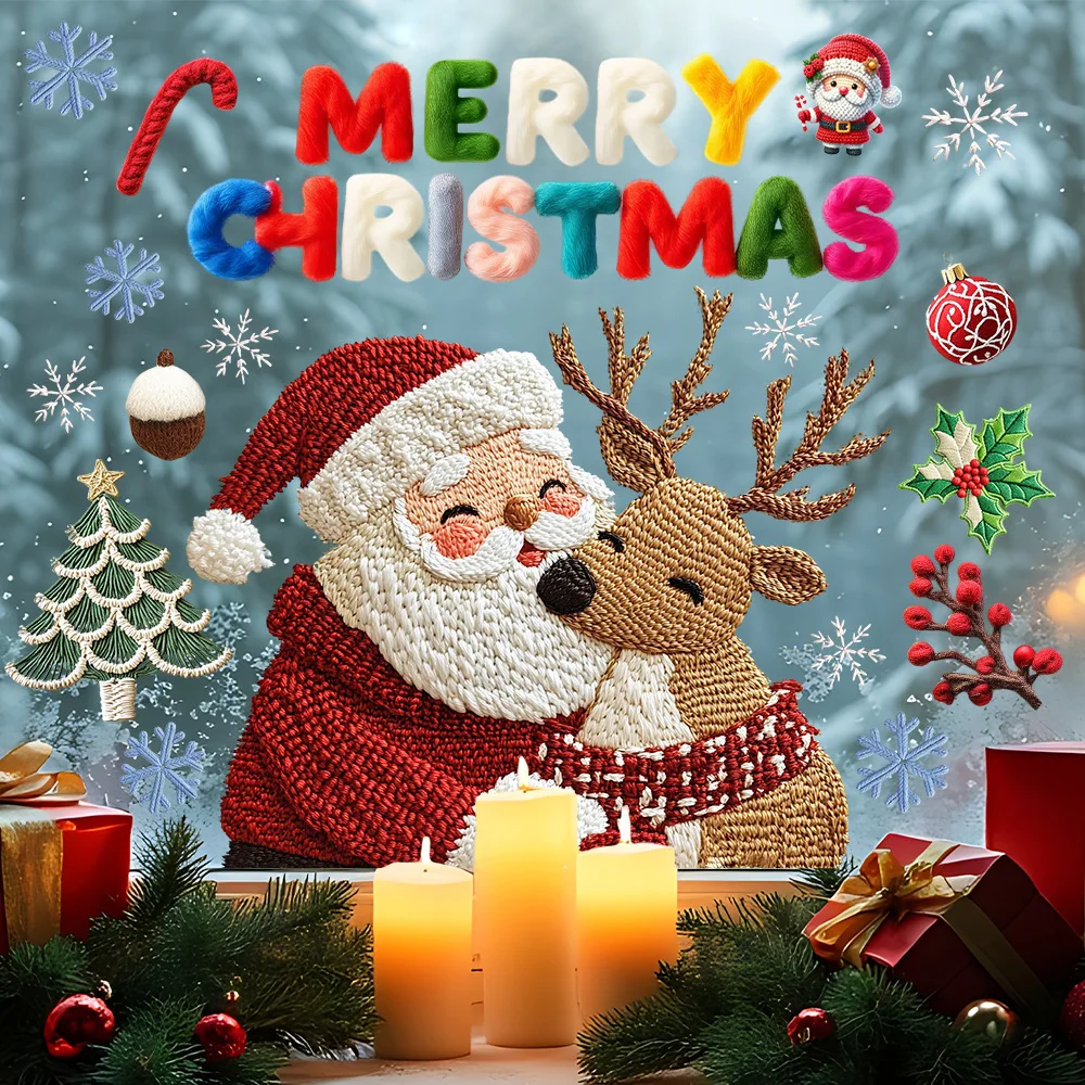 Christmas Window Stickers, Santa Claus Reindeer Wool Glass Stickers for Living Room Windows Party Decoration