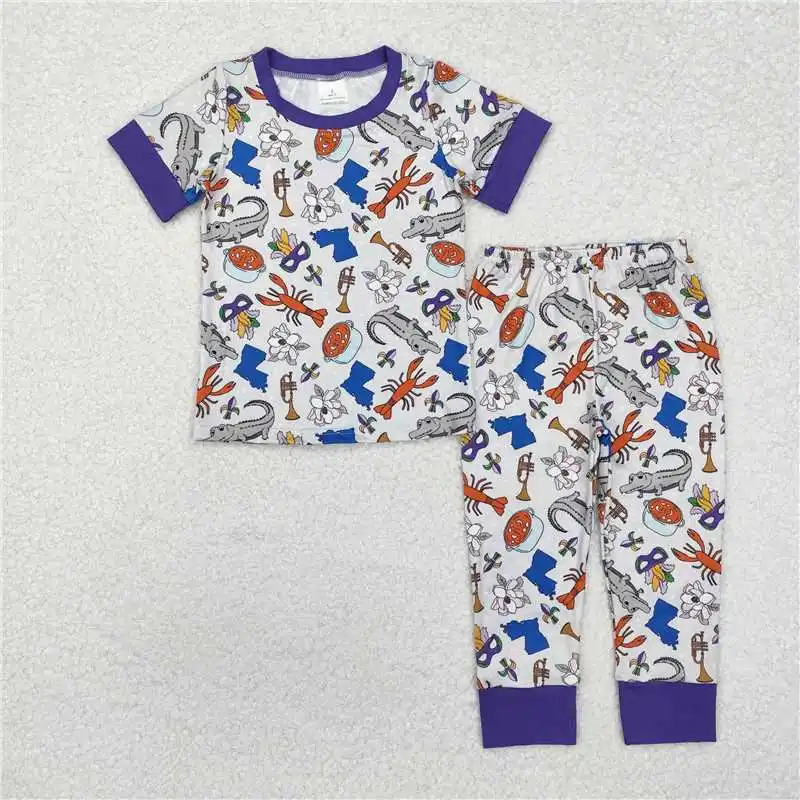 wholesale western boutique outfits children clothing Baby Girls Boys Mardi Gras Bird Crawfish Shirt Pants Pajamas Clothes Sets