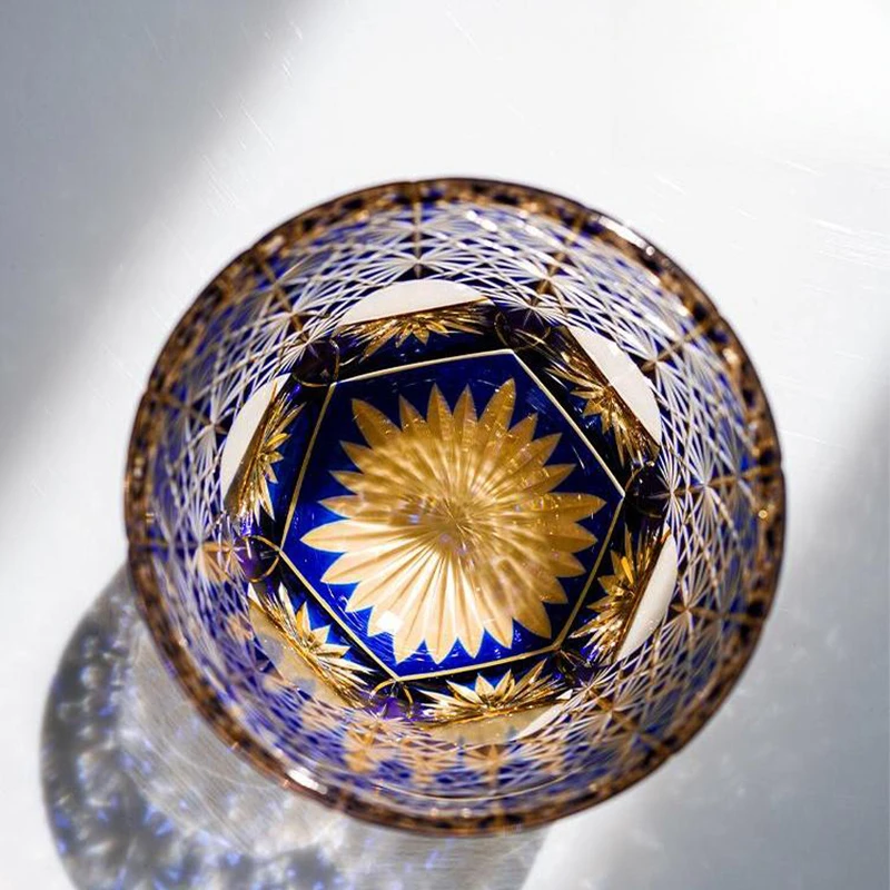 Edo cut blue daisy crystal glass hand-carved