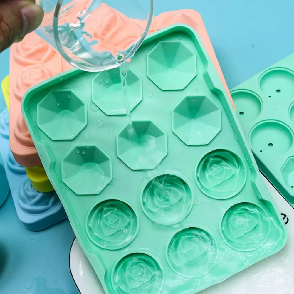 Ice Cube Mold 12 Cavities Rose Gemstone Shaped Ice Tray Beverages Juice Ice Ball Maker Removable Lid Drinks Ice Cube Trays