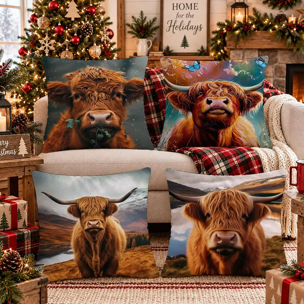 Cute Highland Cow Cushion Cover Soft Plush Sofa Cushion Cover Double-Sided Printed Decorative Pillow Case Warm Home Gift