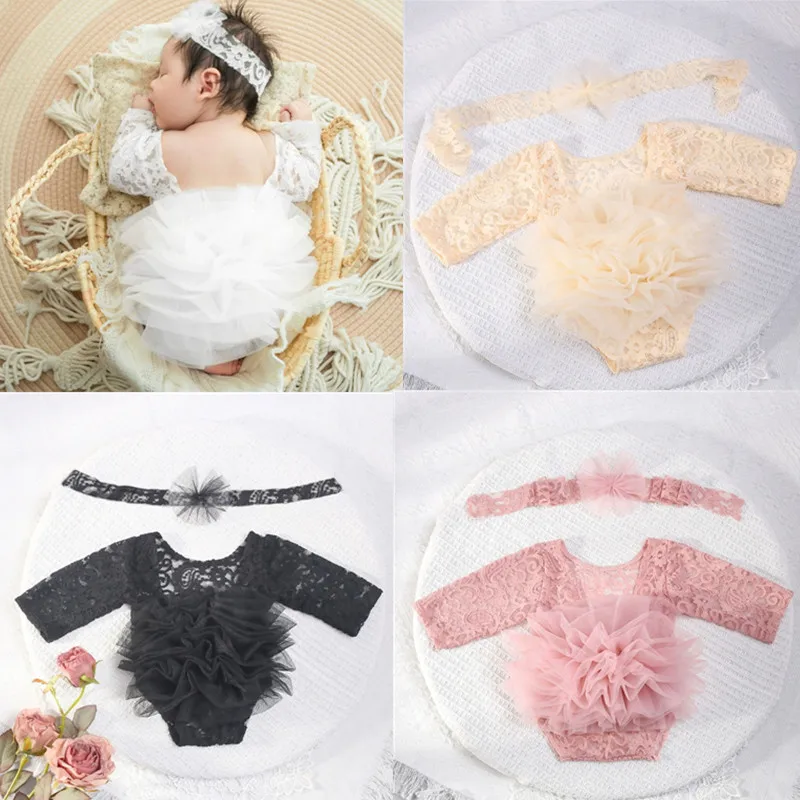 Lace Baby Romper+Bow Headband Newborn Photography Props Outfit Fluffy Mesh Lace Jumpsuit for Baby Girls Studio Photo Accessories