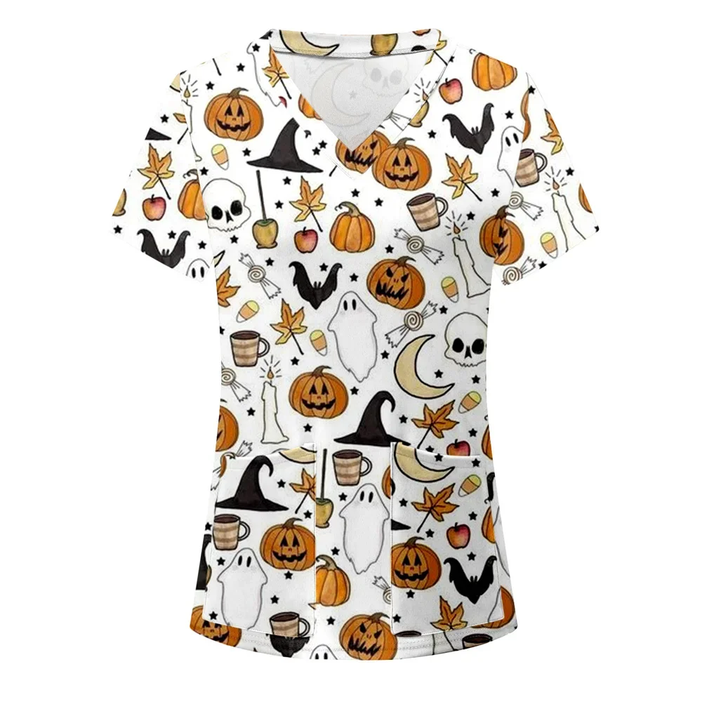 Women's Halloween Print Nurse Uniform, Short Sleeve V-neck Tops, Healthcare Tunic Pocket Blouse, Female Overalls, Working Unifor