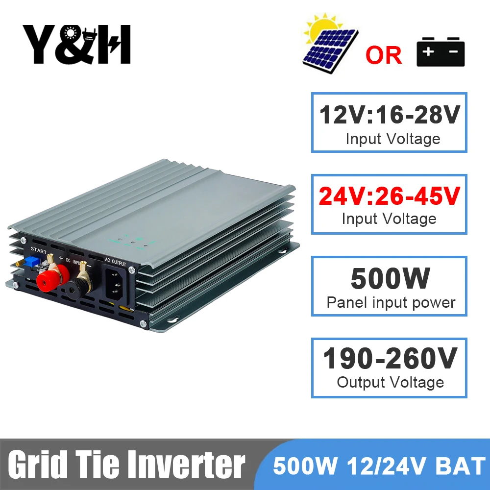 

New Y&H 500W MPPT Grid Tie Inverter Pure Sine Wave Micro Inverter 12V/24VDC to 220VAC for PV Panels Battery Discharge Adjustable