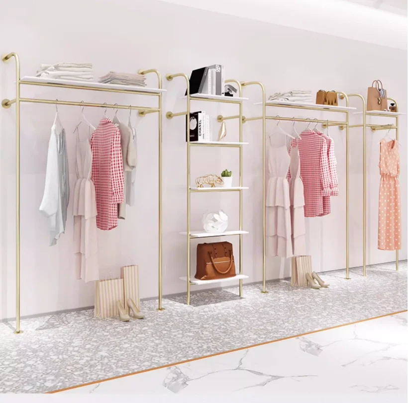 

Стеллаж для демонстрации одежды AdvancedClothing, настенный стеллаж для одежды, комбинированный напольный вешалка-стойка для магазина, золотистая полка в стиле Light Luxury